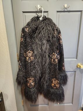 Black Sequin & Faux Fur Embellished Coat